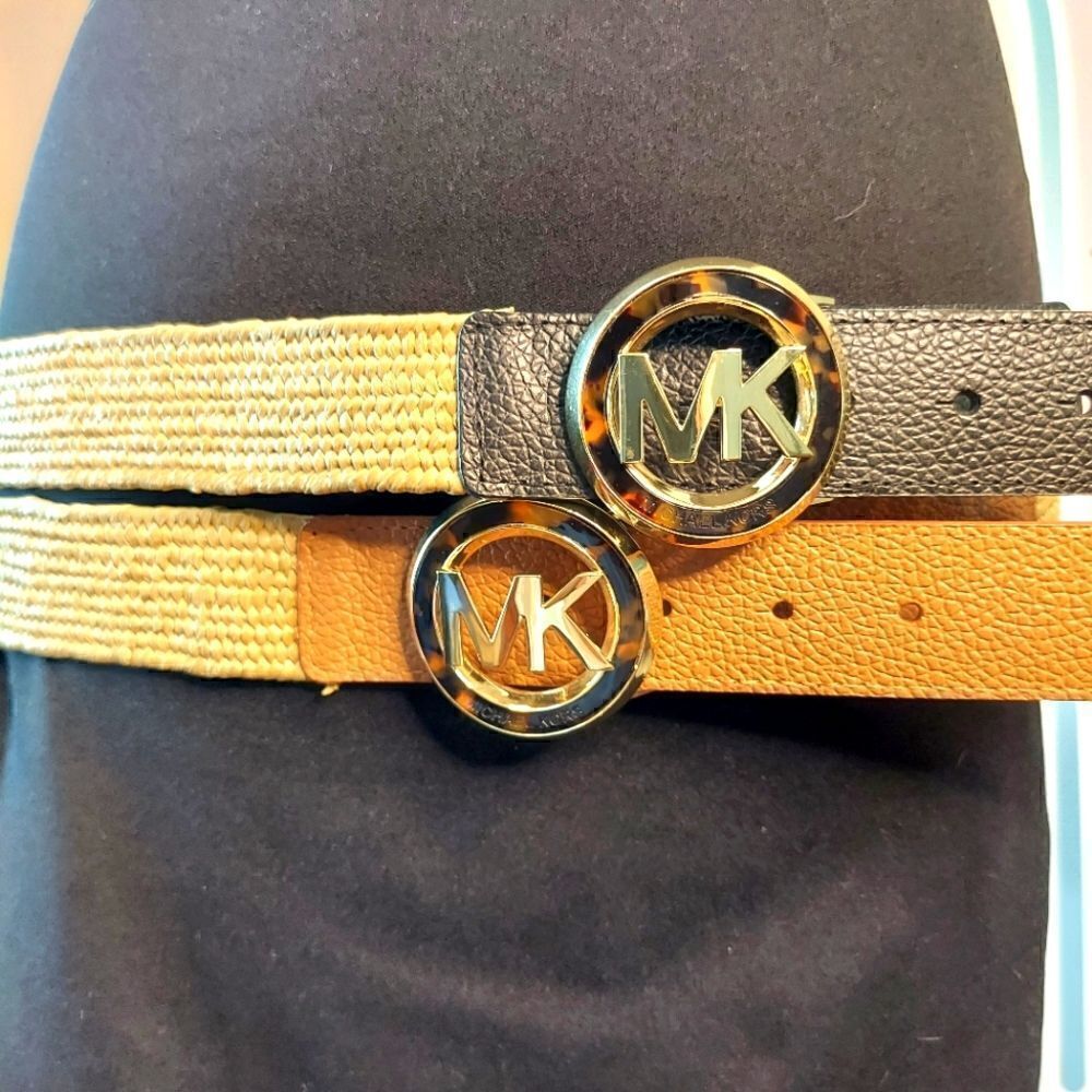 Michael Kors set of 2 Leather & Straw Stretch belts